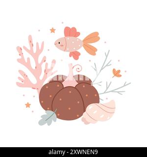 Autumn Composition of pumpkins and the underwater world. Surrealism. Cute autumn illustration in pastel colors. Stock Vector