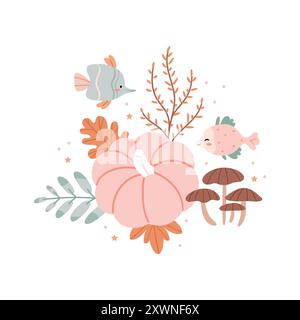 Autumn Composition of pumpkins and the underwater world. Surrealism. Cute autumn illustration in pastel colors. Stock Vector