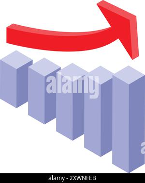 Red arrow pointing up over a growing bar chart in this isometric illustration Stock Vector