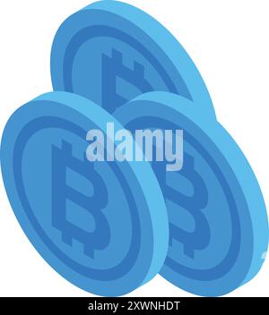 Three blue bitcoin coins are laying on each other, showing the concept of cryptocurrency Stock Vector