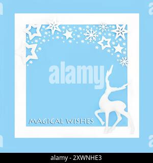 Magical wishes Christmas Eve reindeer background border on blue with stars, snowflakes, white frame. Fantasy festive design for the holiday season. Stock Photo