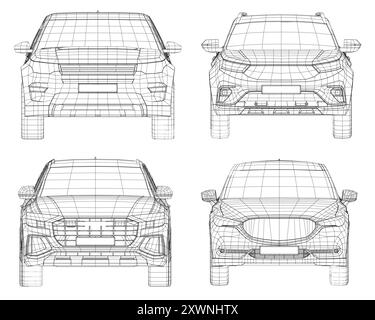 Set of wireframe different models of cars. Vector flat style illustration. Front view car vector illustration. 3D Stock Vector