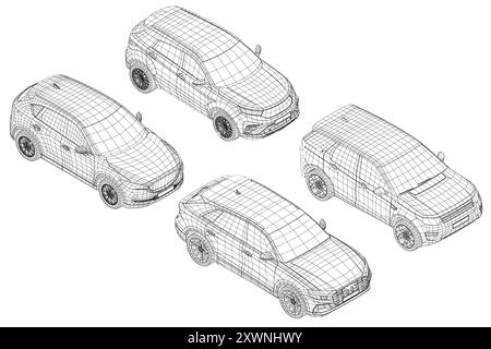 Set of wireframe different models of cars. Vector flat style illustration. Isometric view car vector illustration. 3D. Stock Vector