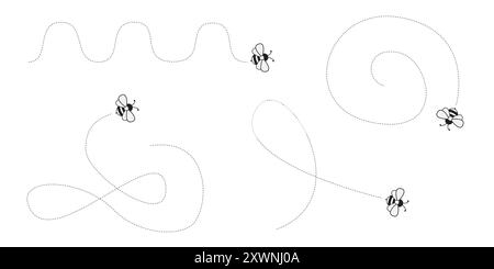 Cartoon Bee Flying on a Dotted Route. Vector illustration isolated on background. Stock Vector