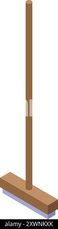 Cleaning brush with wooden handle standing isometrically on white background Stock Vector