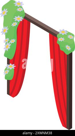 Wedding ceremony arch decorated with flowers and red curtains isometric icon isolated on white background Stock Vector