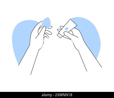 Hands holding beauty blender sponge and foundation in packaging before applying makeup vector illustration Stock Vector