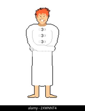 Madman in straitjacket pixel art. 8 bit Psychopath in white coat. pixelated Patient in mental hospital. Stock Vector