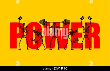 Skeleton and dumbbell. Skeletons and barbell and kettlebell. Skull and bones and sport. Athletic dead man. Fitness bones Stock Vector