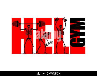 Skeleton gym logo. Hell GYM Skull and bones and sports. Sports dead man. Fitness bones. Skeletons and barbell and kettlebell Stock Vector