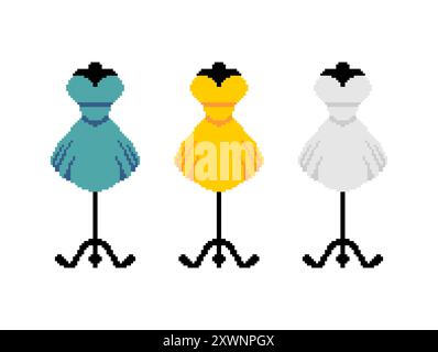 Dress pixel art set. 8 bit Beautiful womens sarafan on Mannequin. Stock Vector