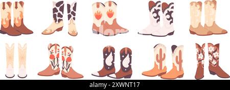 Cartoon cowboy boots. Stylish boot with floral ethnic ornaments. Fashion unisex shoes, traditional wild west style accessories, racy vector set Stock Vector
