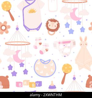 Newborn baby seamless pattern. Cute fabric print with babies tools, toys and clothes. Toddler bed mobil, hat cubes, racy vector background Stock Vector