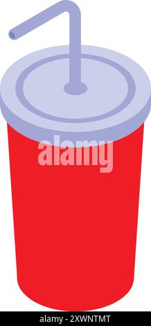Red paper cup holding soda with straw is an isometric illustration of a refreshing beverage Stock Vector
