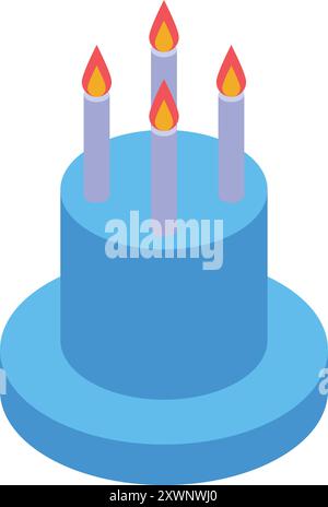 Blue birthday cake with four burning candles is shown in this isometric vector illustration Stock Vector