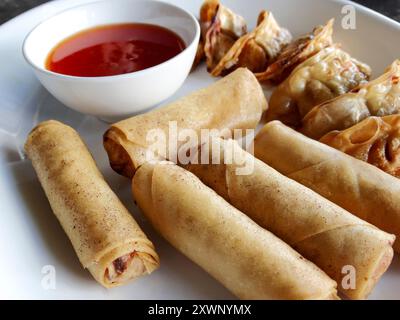 Egg rolls and gyoza at a restaurant Stock Photo