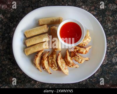 Egg rolls and gyoza at a restaurant Stock Photo