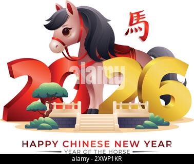 Chinese new year 2026 sign with 3d cute horse and golden 2026 number. Translation : Horse Stock Vector