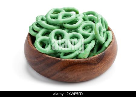 Mini  pretzels with onion and sea salt in wooden bowl isolated on white background Stock Photo