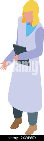 Female scientist is holding a clipboard and gesturing while making a presentation Stock Vector