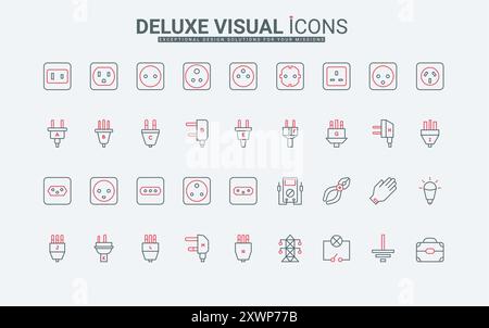 International adapter, types of electric sockets and plugs line icon set. Power tower and electrician tools, outlet grounding, light bulb thin black and red outline symbols vector illustration Stock Vector