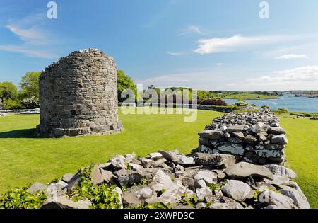 Stump of the Round Tower inside massive walls of Nendrum Monastery, Mahee Island, Strangford Lough, Co. Down, Northern Ireland Stock Photo