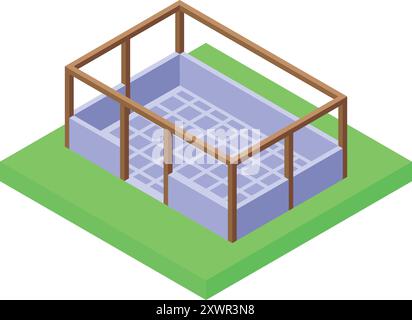 Building foundation under construction with concrete blocks and wooden formwork isometric 3d vector illustration Stock Vector