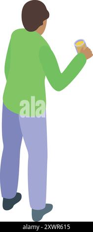 Young man is holding a glass of orange juice in isometric view Stock Vector