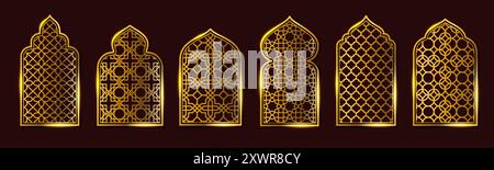 Golden Islamic window frames. Luxury gold arch with Arabic geometric ornament mashrabiya pattern, mosque oriental windows and vintage muslim gate Stock Vector