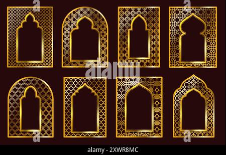 Arabic ornamental frames. Traditional Islamic doors or Arabian motif arc frame with golden pattern ornaments. Luxury gate or Muslim architecture Stock Vector