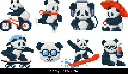 Pixel art cute pandas. Retro 8bit panda bear mascot riding bicycle and skateboard, ice skating and surfing, holding umbrella and cold drink, wearing Stock Vector