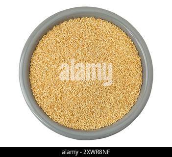 Amaranth grain seeds in ceramic bowl isolated on white background. Top view. Flat lay Stock Photo