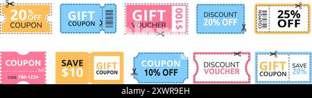 Discount offer coupon. Gift voucher or sale ticket template with cutting dashed lines and scissors icon. Shopping savings promotion coupons vector set Stock Vector