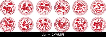 Chinese zodiac circle stamp. Animal of year circular emblem with floral pattern, decorative borders and traditional Asian ornaments. Animals of twelve Stock Vector