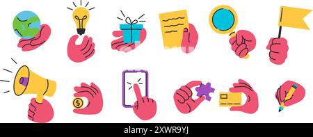 Hands carried icons. Doodle hand holding globe, idea lamp, gift box, note paper, magnifying glass, achievement flag, megaphone, golden coin, puzzle Stock Vector