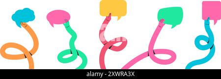Raised hands holding speech bubbles. Doodle long twisted flexible arm carries in hand feedback frame or opinion message box. Colorful abstract comment Stock Vector