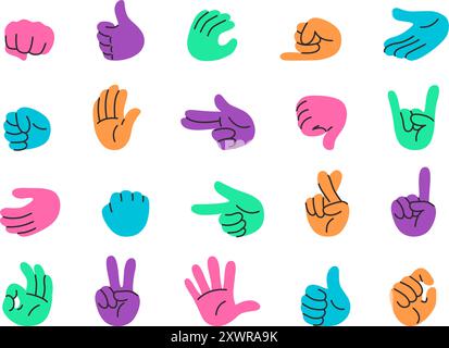 Colorful hand gestures collection. Thumbs up, pointing finger, fist and palm, okay gesture and peace hand signs. Doodle hands icon stickers vector set Stock Vector