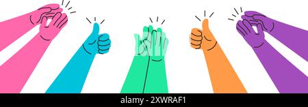 Clapping hands. Colorful doodle hands clapping and giving thumbs up, appreciation and approval concept. Applause claps for celebration of success hand Stock Vector