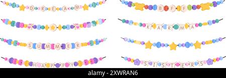 Colorful beaded friendship bracelets. Plastic beads DIY necklace or bracelet jewelry with Dream, BFF, Summer, Happy, Karma and Sisters words hand Stock Vector