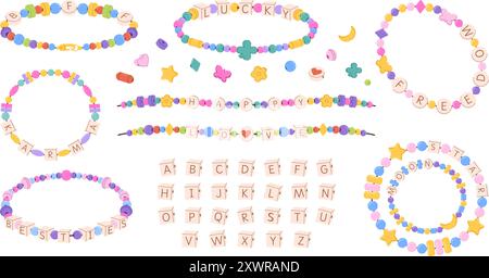 Kid beaded bracelets design kit. Best friends forever BFF, besties and lucky handmade jewelry, DIY friendship bracelet font alphabet letters cube Stock Vector