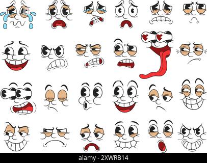 Retro cartoon faces. Funny 30s mascot character facial expressions, emotions and reactions with pie eyes for rubber hose style characters design Stock Vector