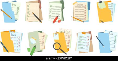 Documents folders. Plan checklists, organized task lists and office planning documents in folder. Survey papers and quiz form vector illustration set Stock Vector