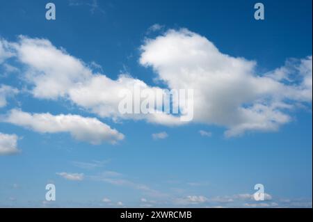 soft white cumulus clouds blown by the wind in the blue sky Stock Photo