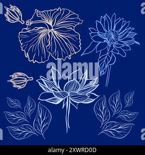 Vector flowers lotus, hibiscus and sunflower with leaves on a blue background Stock Vector