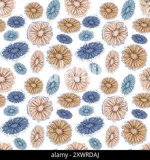 Seamless floral vector pattern with blue and gold gerbera flowers Stock Vector