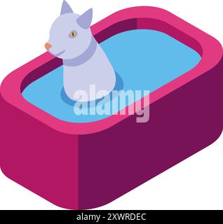 Isometric icon of a white cat enjoying a relaxing bath in blue water Stock Vector