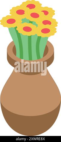 Bouquet of yellow flowers with red middle standing in a clay vase isometric illustration Stock Vector