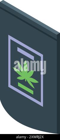 Black plastic package containing medical marijuana is shown with a green cannabis leaf on the label Stock Vector