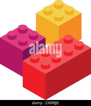 Three colorful toy bricks are stacked, creating a staircase with an isometric perspective Stock Vector