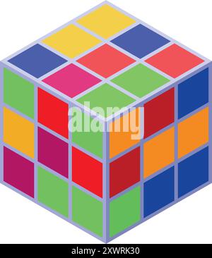 Multicolored cube puzzle with many squares is isolated on white background Stock Vector